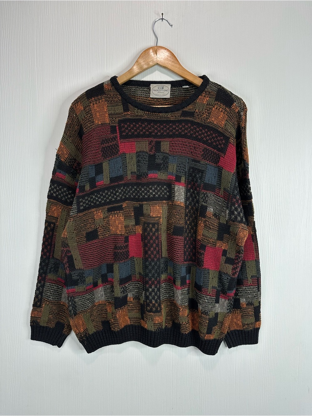 Pronto Uomo Multicolor Geometric Crewneck CoogiSweater - Black, Olive, Rust, Red